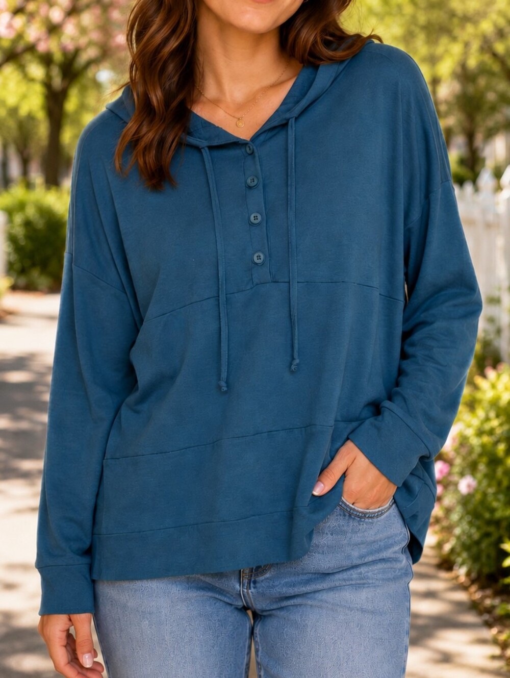 NWT Pure Essence Teal Bamboo Stretch Hoodie | Soft Cozy Oversized Pullover Tunic
